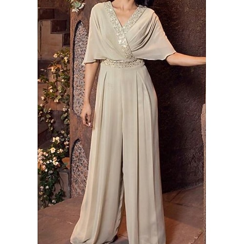 

Women's Jumpsuit Solid Color V Neck Casual Daily Vacation Straight Regular Fit Half Sleeve Beige S M L Fall