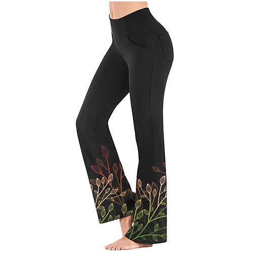 

Women's Wide Leg Pants with Side Pockets Yoga Style High Waist Quick Dry Fitness Gym Workout Bottoms Leaves Print Black / Red WhiteRed White Sports Activewear Stretchy Athleisure