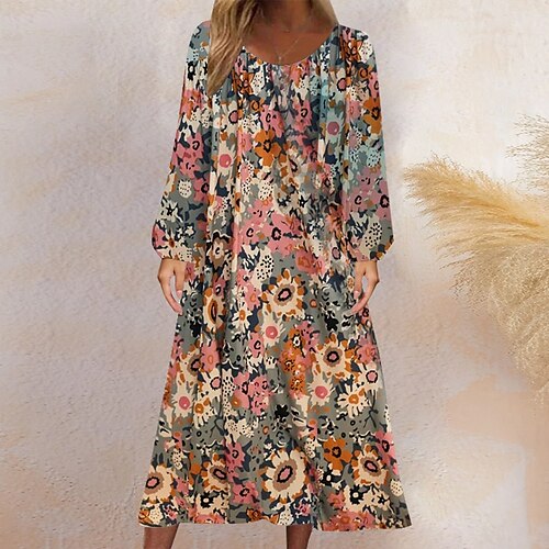 

Women's Casual Dress A Line Dress Midi Dress Pink Brown Long Sleeve Floral Patchwork Print Fall Winter Round Neck Casual Romantic 2022 S M L XL XXL 3XL