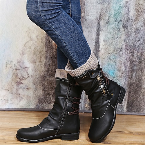 

Women's Unisex Boots Outdoor Daily Combat Boots Mid Calf Boots Winter Low Heel Round Toe Casual Sweet PU Leather Zipper Solid Colored Black Burgundy Brown