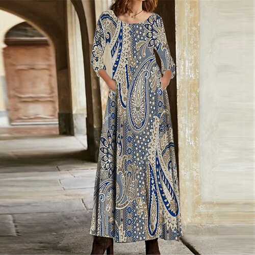 

Women's Casual Dress Swing Dress Long Dress Maxi Dress Blue Long Sleeve Floral Pocket Winter Fall Autumn V Neck Winter Dress Fall Dress 2022 S M L XL XXL 3XL