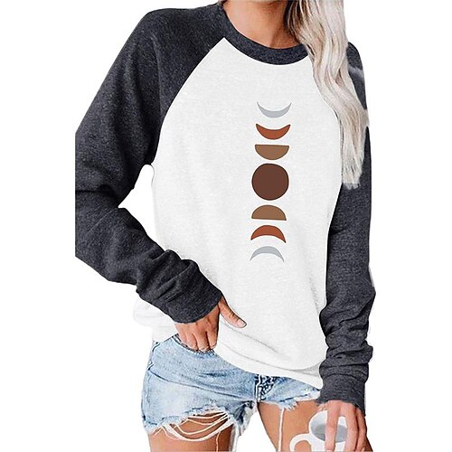 

cross-border european and american autumn women's round neck stitching long-sleeved t-shirt women bohemian moon phase print top women's t