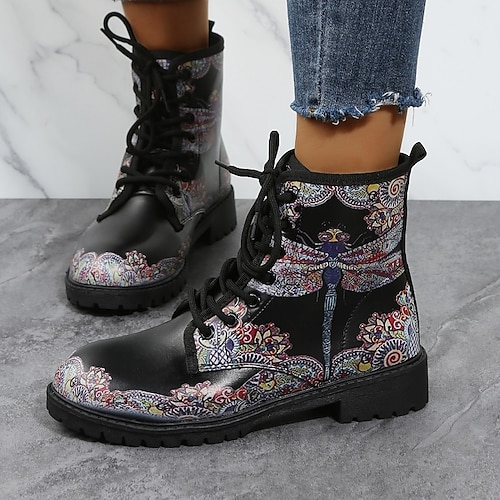 

Women's Boots Daily Combat Boots Booties Ankle Boots Winter Lace-up Block Heel Round Toe Casual PU Leather Lace-up Animal Patterned Black