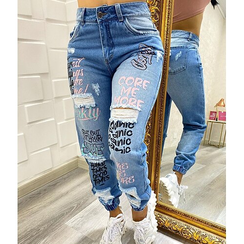 

Women's Distressed Jeans Denim Blue Mid Waist Fashion Casual Weekend Side Pockets Cut Out Micro-elastic Ankle-Length Comfort Letter S M L XL / Slim / Print