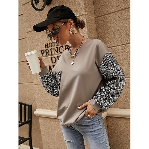 

hot round neck solid color plaid sleeves match casual ladies sweater