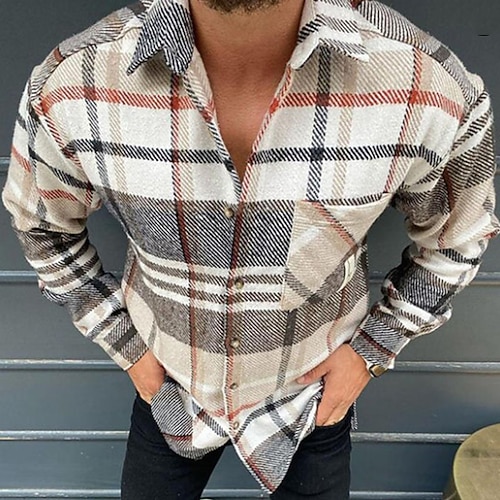 

Men's Shirt Overshirt Shirt Jacket Plaid Check Turndown Beige Long Sleeve Street Daily Button-Down Tops Basic Fashion Casual Comfortable