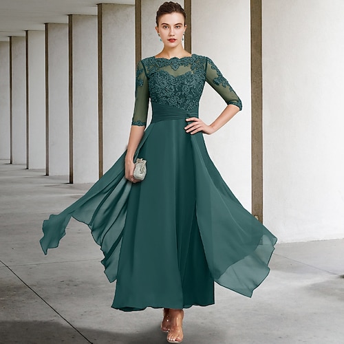 

A-Line Mother of the Bride Dress Plus Size Elegant Jewel Neck Ankle Length Chiffon Lace Half Sleeve with Ruched Beading Appliques 2022