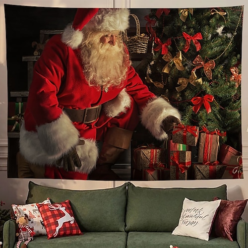 

Christmas Party Wall Tapestry Photography Background Holiday Santa Claus Snowman Reindeer Tree Gift Art Decor Blanket Hanging Home Bedroom Living Room Decoration Polyester