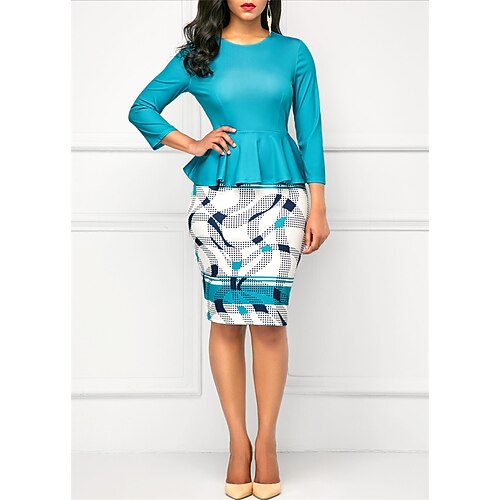 

Women's Sheath Dress Formal Dress Knee Length Dress Blue Purple Red 3/4 Length Sleeve Geometric Ruffle Fake two piece Print Fall Winter Crew Neck Stylish Modern 2022 S M L XL 2XL 3XL 4XL 5XL
