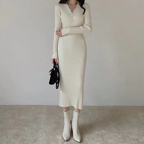 

Women's Sweater Dress Winter Dress Casual Dress Midi Dress Apricot Black Long Sleeve Pure Color Knit Winter Fall V Neck Stylish Casual Modern 2022 S M L XL Winter Dress