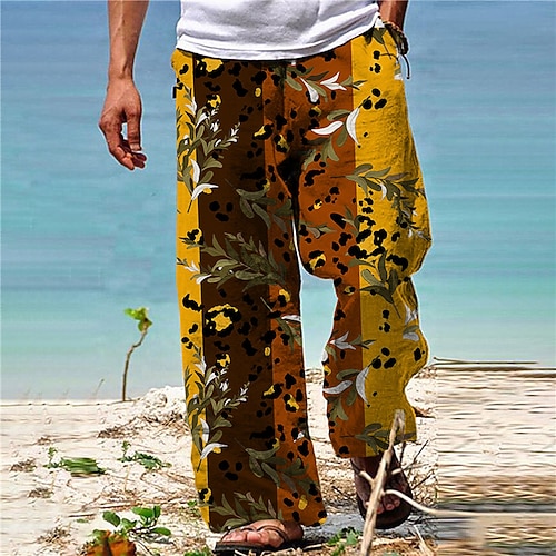 

Men's Trousers Beach Pants Pocket Drawstring Elastic Waist Color Block Graphic Prints Comfort Breathable Casual Daily Holiday Streetwear Designer Yellow / Elasticity