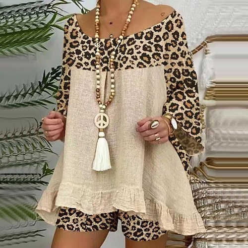 

Women's Plus Size Loungewear Sets 2 Pieces Leopard Fashion Comfort Soft Home Daily Vacation Polyester Breathable Off Shoulder Long Sleeve T shirt Tee Shorts Elastic Waist Spring Fall Khaki