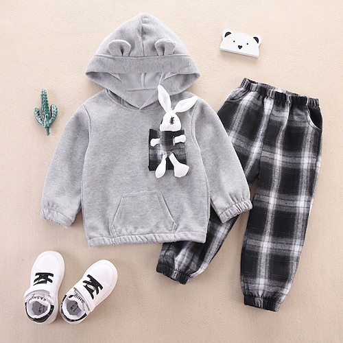

2 Pieces Kids Boys Hoodie & Pants Clothing Set Outfit Plaid Long Sleeve Cotton Set Street Fashion Cool Winter Fall 1-5 Years Gray