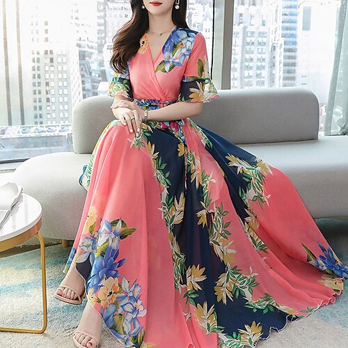 

Women's Sheath Dress Swing Dress Midi Dress Pink Yellow Beige Half Sleeve Floral Lace up Winter Fall V Neck Fashion 2022 M L XL XXL 3XL 4XL