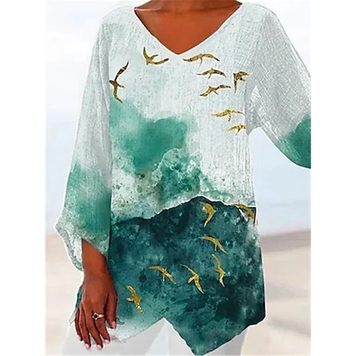 

Women's Plus Size Tops T shirt Tee Graphic Scenery Print Long Sleeve V Neck Casual Daily Going out Linen Fall Winter Green Black
