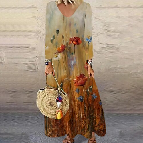 

Women's Long Dress Maxi Dress Green Dark Green Brown Long Sleeve Floral Print Winter Fall Autumn V Neck Winter Dress Weekend Fall Dress 2022 S M L XL XXL 3XL 4XL 5XL 6XL