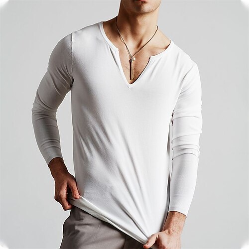 

Men's T shirt Tee Solid Colored V Neck Brown White Street Daily Long Sleeve Clothing Apparel Fashion Designer Casual Comfortable / Sports