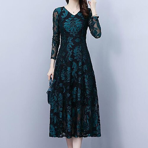 

Women's Lace Dress Dark Green Fuchsia Long Sleeve Floral Lace Winter Fall Autumn V Neck Fashion Winter Dress Weekend Fall Dress 2022 M L XL XXL 3XL 4XL 5XL