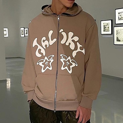

Women's Windproof Warm Outdoor Street Daily Vacation Zipper Pocket Print Zipper Hoodie Fashion Casual Street Style Letter Regular Fit Outerwear Long Sleeve Winter Fall Khaki S M L XL