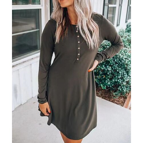 

Women's Casual Dress T Shirt Dress Tee Dress Knee Length Dress Dark Grey Long Sleeve Pure Color Patchwork Button Fall Winter Crew Neck Stylish Casual 2022 S M L XL