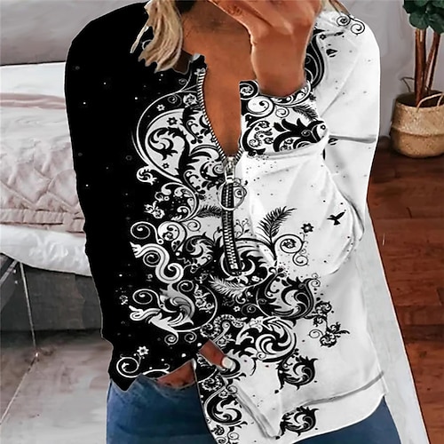 

Women's Plus Size Tops Pullover Sweatshirt Hoodie Sweatshirt Floral Zipper Print Long Sleeve Round Neck Streetwear Daily Vacation Polyester Fall Winter Black