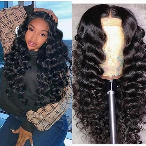 

Unprocessed Virgin Hair 13x4 Lace Front Wig Free Part Peruvian Hair Loose Wave Black Wig 130% 150% Density with Baby Hair Natural Hairline 100% Virgin With Bleached Knots Pre-Plucked For wigs for