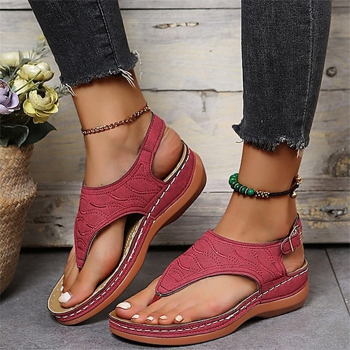 Women's Sandals Wedge Sandals Plus Size Daily Summer Buckle Wedge Heel Open Toe Casual PU Leather Ankle Strap Solid Colored Black Red Blue, lightinthebox  - buy with discount