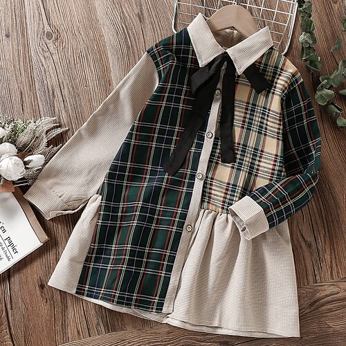 

Kids Girls' Thanksgiving Dress Plaid A Line Dress Knee-length Dress School Patchwork Cotton Long Sleeve Elegant Dress 3-12 Years Fall Green