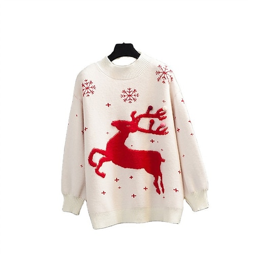 

Women's Pullover Sweater Jumper Ribbed Knit Knitted Snowflake Crew Neck Stylish Soft Christmas New Year Fall Winter White Red L XL 2XL / Long Sleeve