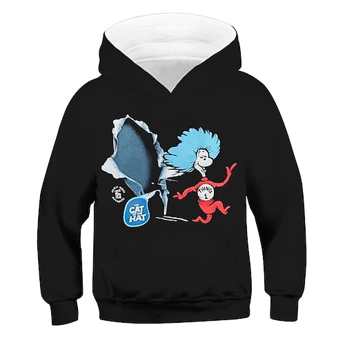 

The Cat in the Hat Kids Boys Hoodie Cat Outdoor 3D Print Long Sleeve Pocket Fashion 3-13 Years Winter Black