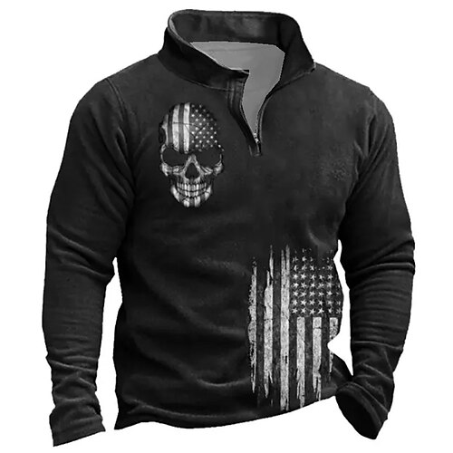 

Men's Unisex Zip Up Sweatshirt Pullover Quarter Zipper Sweatshirt Black Half Zip Skull Graphic Prints National Flag Zipper Print Daily Sports 3D Print Designer Casual Big and Tall Spring & Fall