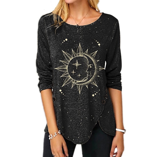 

Women's T shirt Tee Black Galaxy Button Print Long Sleeve Halloween Weekend Basic Round Neck Regular Painting S / 3D Print