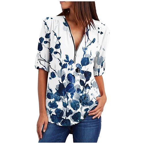 

Women's Shirt Blue Yellow Royal Blue Floral Butterfly Quarter Zip Print Long Sleeve Casual Weekend Streetwear V Neck Regular Floral Butterfly S / 3D Print