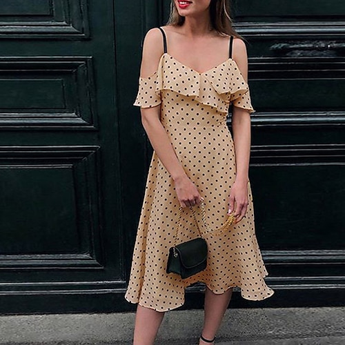 

Women's Slip Dress PolkaDotDress Mini Dress Beige Short Sleeve Polka Dot Ruffle Winter Fall Autumn Spaghetti Strap Fashion Weekend Slim S M L XL
