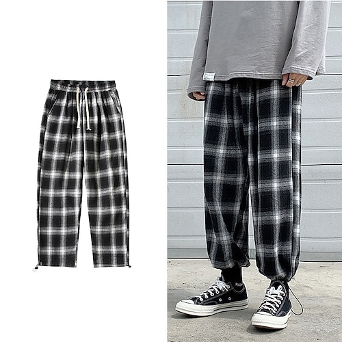 

Men's Joggers Trousers Casual Pants Drawstring Elastic Waist Plaid Comfort Breathable Casual Daily Streetwear Cotton Blend Fashion Retro Vintage Black / Red Black / White Micro-elastic / Elasticity