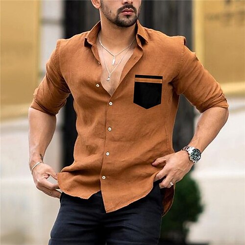 

Men's Casual Shirt Streetwear Color Block Turndown Brown Long Sleeve Outdoor Street Button-Down Tops Fashion Designer Casual Fall
