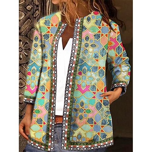 

Women's Casual Jacket Windproof Warm Outdoor Street Daily Vacation Print Open Front Crewneck Fashion Modern Street Style Print Regular Fit Outerwear Long Sleeve Winter Fall Green M L XL XXL 3XL 4XL
