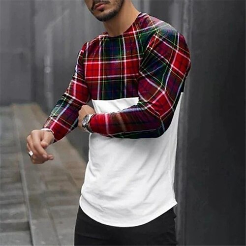 

Men's Unisex T shirt Tee Color Block Graphic Prints Tartan Crew Neck Red 3D Print Outdoor Street Long Sleeve Print Clothing Apparel Sports Casual Classic Big and Tall / Spring / Fall