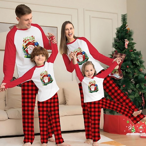 

Christmas Pajamas Family Set Ugly Plaid Santa Claus Christmas Gifts Red Long Sleeve Mom Dad and Me Daily Matching Outfits