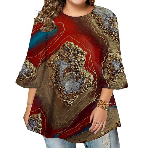 

Women's Plus Size Tops Blouse Shirt Color Gradient Print 3/4 Length Sleeve Crewneck Casual Daily Holiday Cotton Spandex Jersey Fall Winter Blue Purple