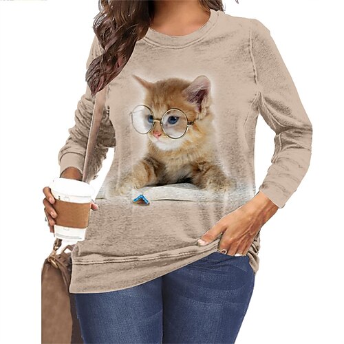 

Per donna maglietta Nero Bianco Giallo Animali Gatto Stampa Manica lunga Giornaliero Da mare Informale Girocollo Standard Plus Size L