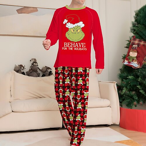 

Men's Christmas Pajamas Sleepwear Pajama Set Pajama Top and Pant 2 Pieces Cartoon Graphic Prints Fashion Comfort Soft Home Christmas Bed Cotton Blend Breathable Crew Neck Long Sleeve Basic Winter Fall