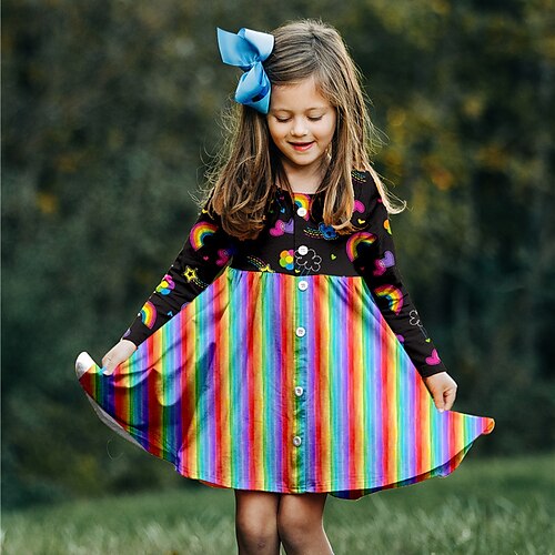 

Kids Girls' Dress Rainbow Shift Dress Above Knee Dress Daily Print Long Sleeve Cute Dress 3-10 Years Winter Rainbow