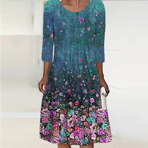

Women's Casual Dress Shift Dress Midi Dress Blue Yellow Light Blue Long Sleeve Floral Print Winter Fall Autumn Crew Neck Winter Dress Fall Dress 2022 S M L XL 2XL 3XL 4XL 5XL 6XL