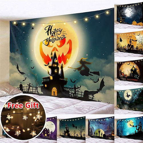 

Halloween Party Wall Tapestry Art Decor Blanket Curtain Hanging Home Bedroom Living Room Decoration Polyester Ghost Pumpkin Graveyard Bat Witch(with LED String Lights)