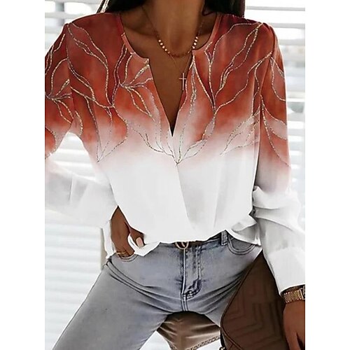 

Women's Blouse Shirt Orange White Black Graphic Sparkly Print Long Sleeve Daily Weekend Streetwear Casual V Neck Regular S / 3D Print
