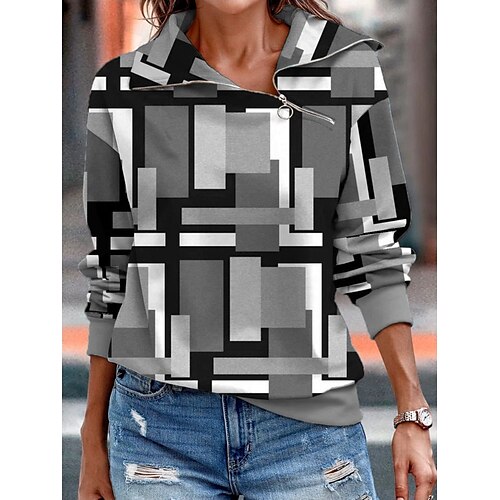 

Women's Blue Purple Red Gray Shirt Collar Geometric Quarter Zip Print Daily Weekend 3D Print Cotton Streetwear Casual Fall & Winter Clothing Apparel Hoodies Sweatshirts Long Sleeve