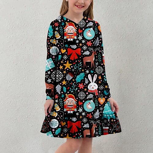 

Kids Girls' The Nutcracker Dress Cartoon Floral Rabbit A Line Dress Daily Vacation Ruffle Print Black Above Knee Long Sleeve Cute Casual Dresses Fall Winter Regular Fit 3-12 Years