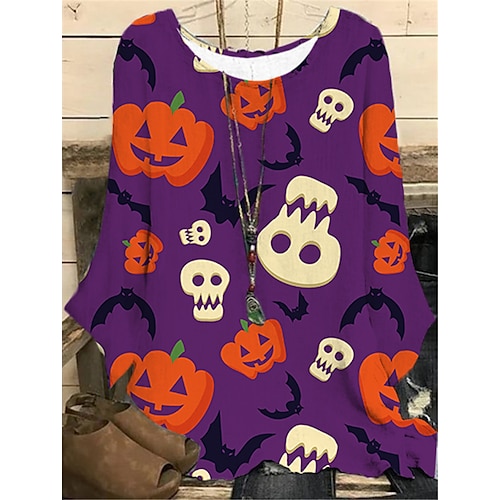 

Women's Plus Size Tops Blouse Shirt Plaid Skull Print Long Sleeve Crewneck Casual Halloween Halloween Daily Polyester Fall Winter Purple Yellow