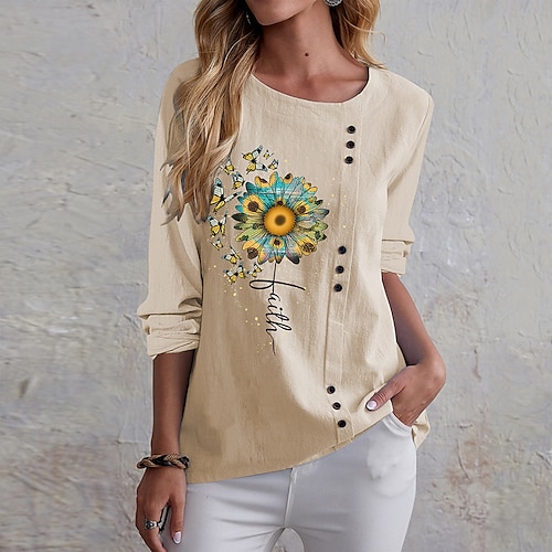 

Women's T shirt Tee Blue Khaki Navy Blue Butterfly Sunflower Button Print Long Sleeve Holiday Weekend Basic Round Neck Regular Floral Butterfly Painting S / 3D Print